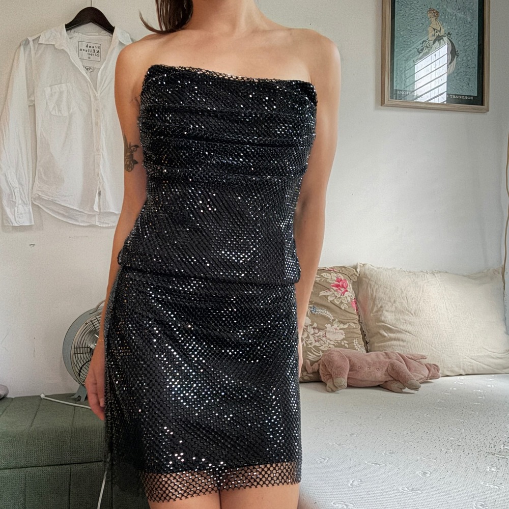 Zara Black Sparkly Mesh Two Piece Set Strapless Corset Top Mini Skirt Small
